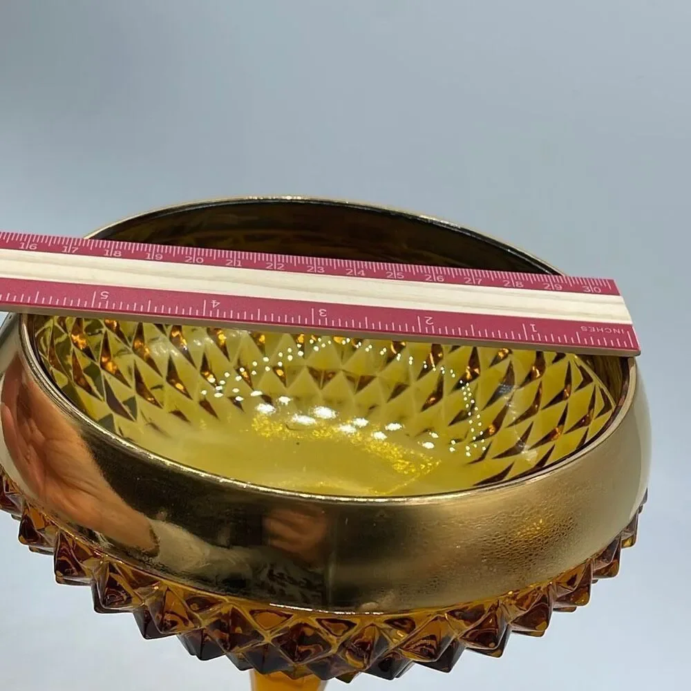 Vintage Indiana glass amber compote bowl diamond pattern pedestal